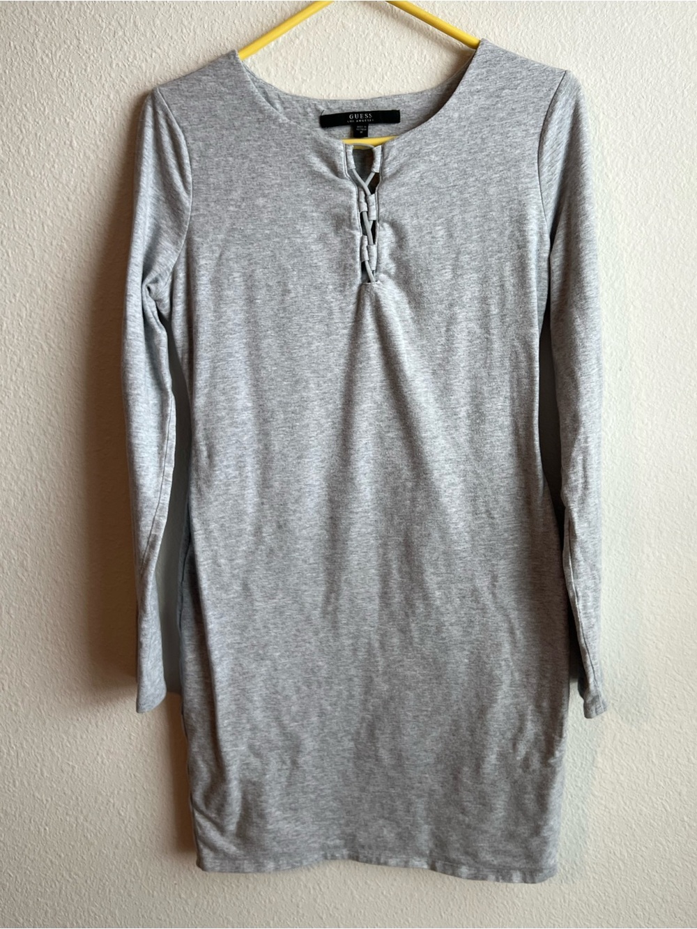 Guess Heather Gray Long Sleeve Knit BodyCon Dress with Lace-Up Neck